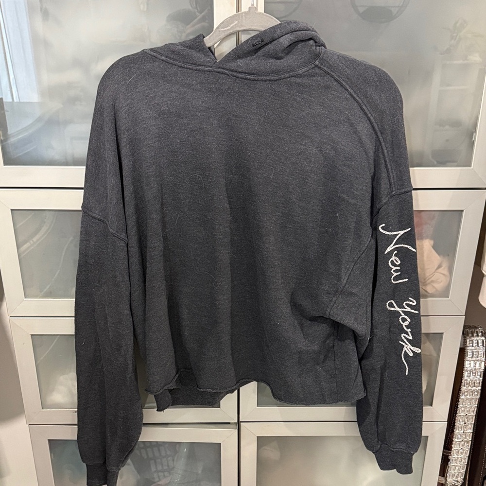 Charcoal Gray Hoodie with New York Sleeve Print